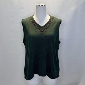 Carolyn Taylor Sweater Vest Womens Large Green V Neck Embroidered Floral Knit